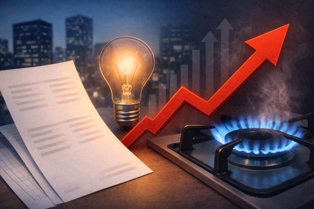 電気の電球と都市ガスのコンロの炎、請求書と上昇する矢印で光熱費の値上がりを表現したイメージイラスト