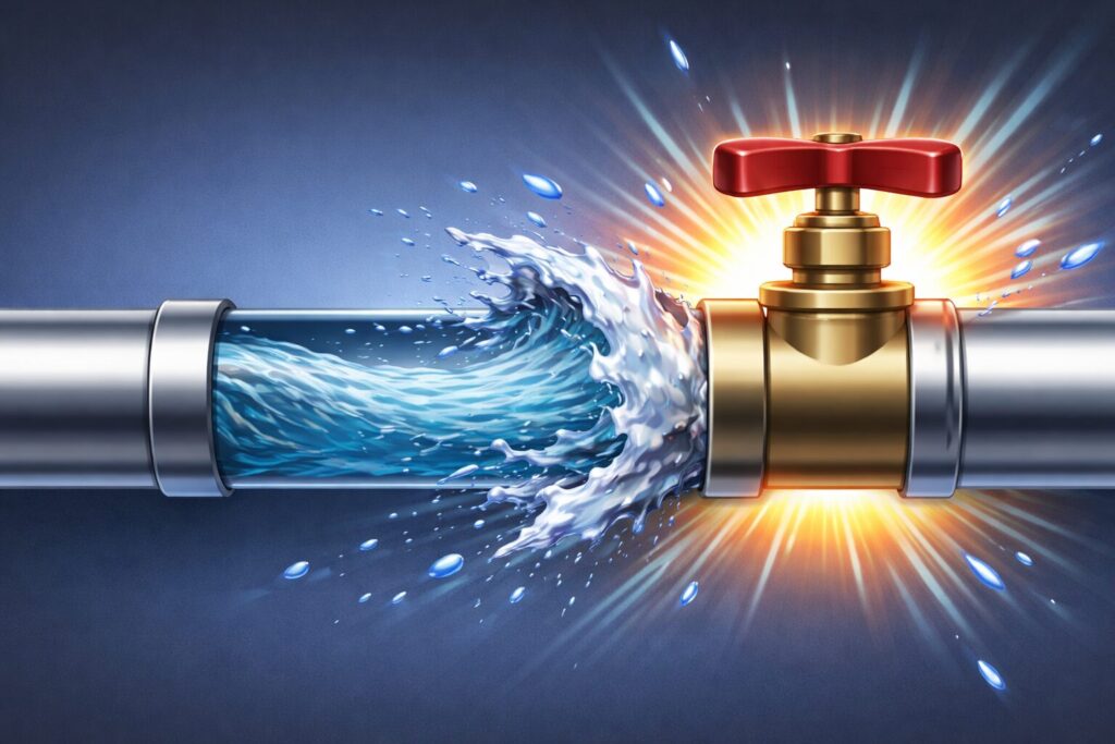 水流がバルブに衝突して圧力が跳ね返るウォーターハンマー現象を表現したイメージ