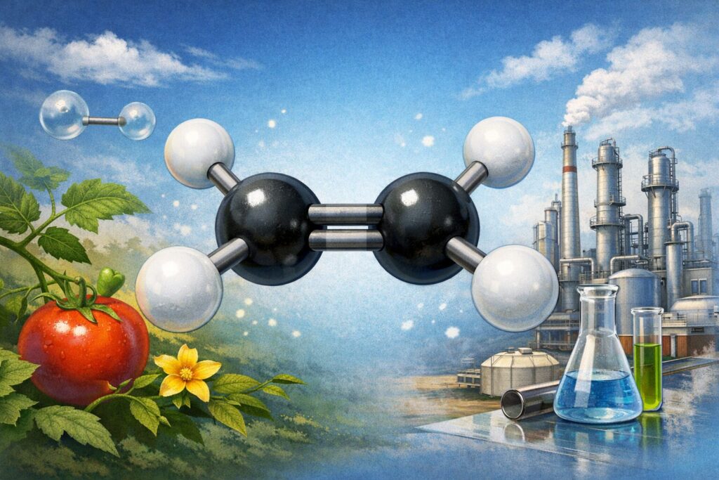 エチレン分子構造を中心に、左右で植物の成長と化学工業の関係を表現した横長イラスト