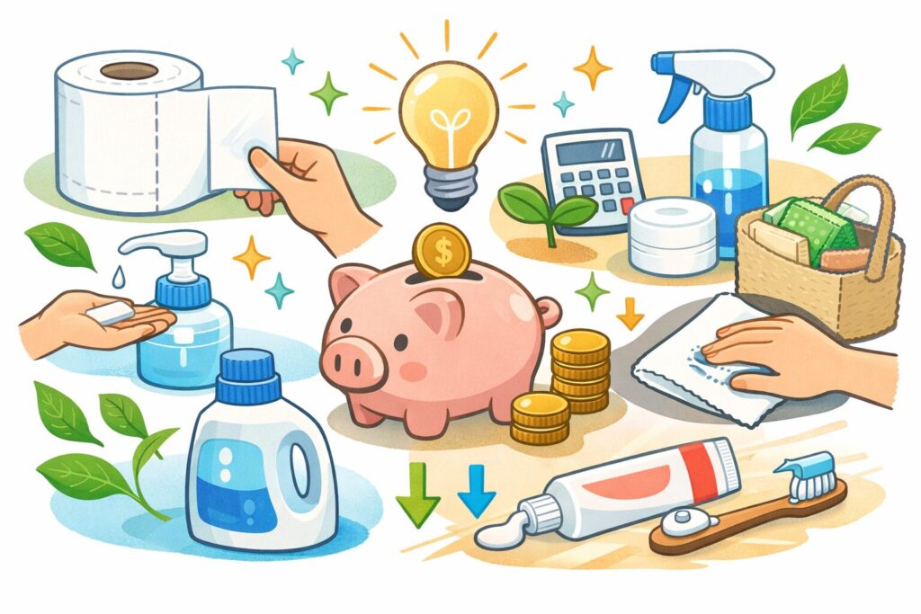 日用品を無駄なく使い節約する様子を表したイラスト。トイレットペーパーや洗剤、歯磨き粉などを少量ずつ使い、中央に貯金箱とコインが配置されて節約のイメージを示している。