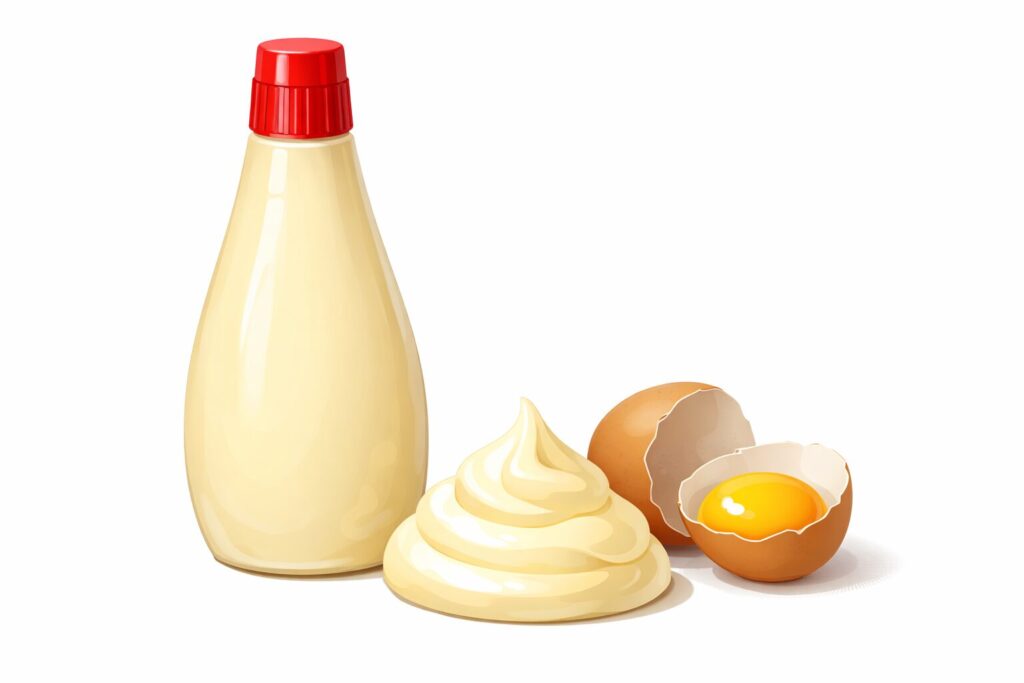 マヨネーズのボトルと絞り出されたマヨネーズ、割った卵を並べたシンプルなイラスト