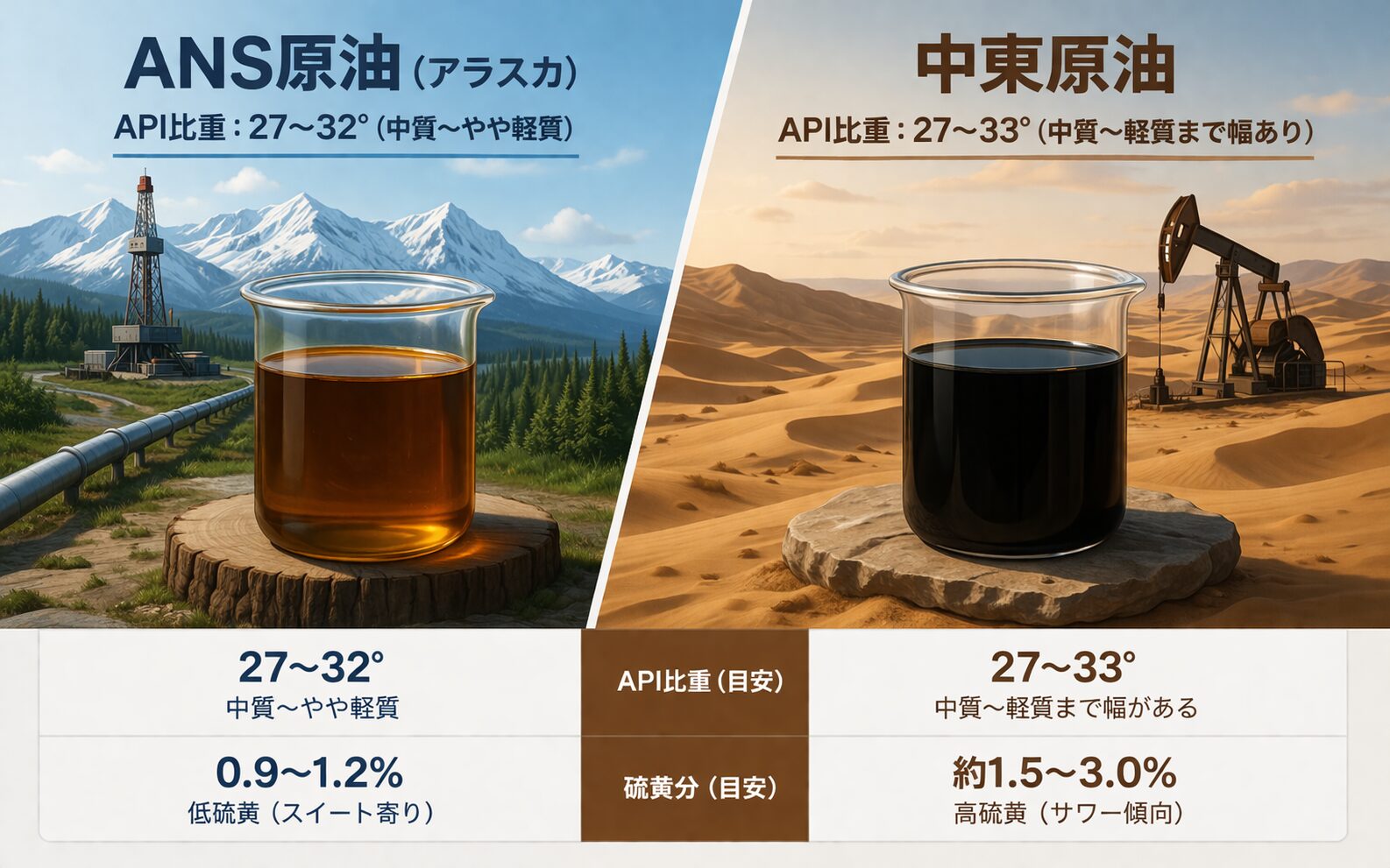 ANS原油と中東原油の品質を左右で比較したイラスト。左は雪山とパイプラインのあるアラスカで明るい色の原油、右は砂漠と油井のある中東で黒く重い原油を描き、API比重と硫黄分の違いを表で示している構図