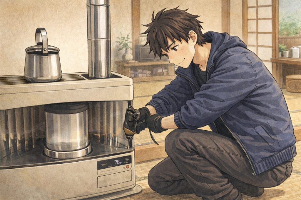 和室で若い男性がストーブを工具で調整しているシンプルなイラスト