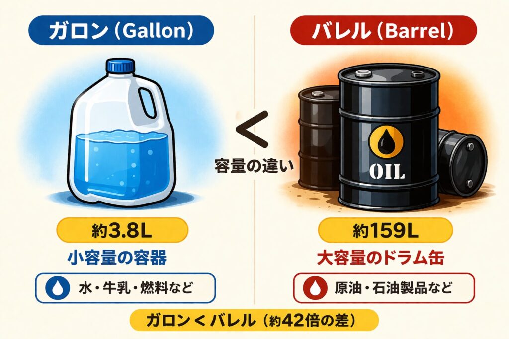 ガロンの小型容器とバレルのドラム缶を並べて容量の違いを視覚的に比較したイラスト