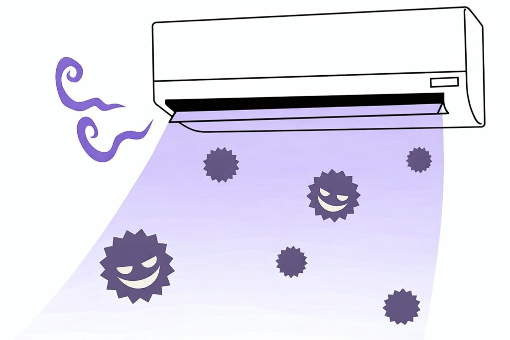 エアコンの吹き出し口から紫色の風とカビ菌のような粒子が室内に広がっている様子を表したイラスト