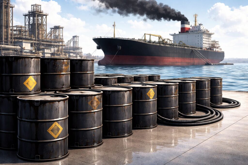 港に整然と並べられた重油ドラム缶と、背後に停泊する大型タンカーと工業設備のある清潔な埠頭の様子