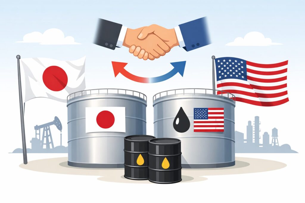 日米の国旗が描かれた石油タンクと握手のシンボルで、原油の共同備蓄と協力関係を表現したイラスト