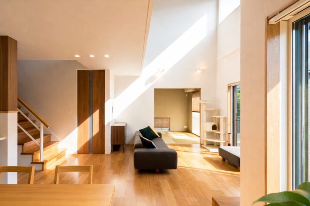 大きな窓から日差しが入る明るいリビングの室内空間