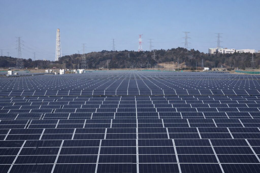 広大な太陽光発電所に整然と並ぶソーラーパネルと奥に見える送電鉄塔と丘陵地帯の風景