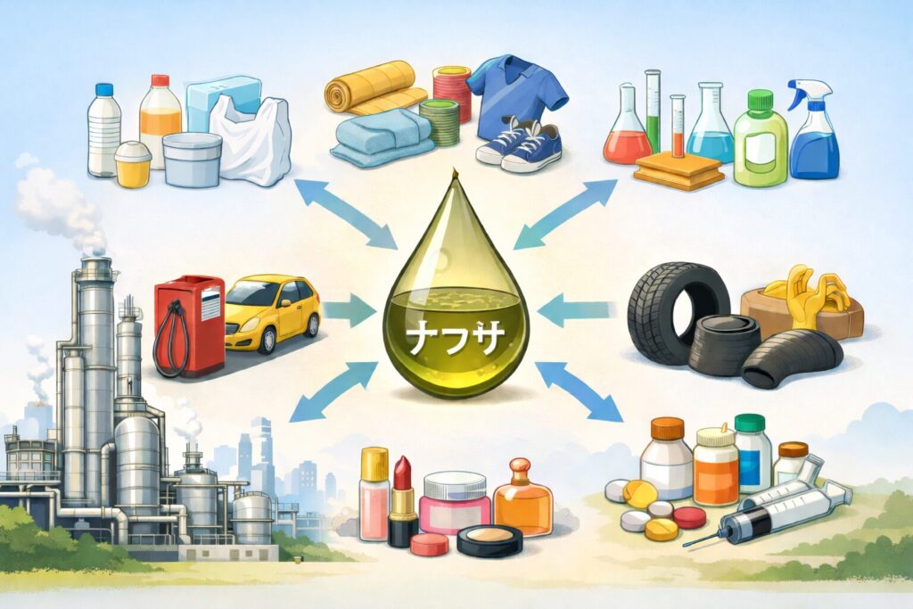 ナフサを中心にプラスチック製品・燃料・化学製品など多くの製品へつながる用途を示したイラスト