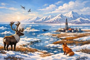 北極圏のノーススロープ地域をイメージした風景。雪と氷に覆われた海と山々を背景に、カリブーやキツネ、ホッキョクグマ、油田施設が共存している様子。
