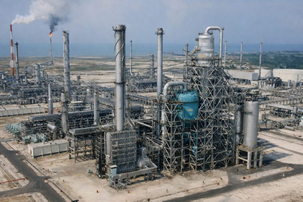 沿岸部に広がる石油精製プラントの全景で、煙を上げるフレアスタックや複雑に組まれた配管設備が高解像度で写された工業施設の様子