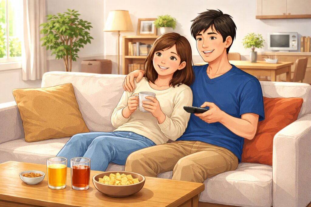 昼の明るいリビングでソファに並んで座り、飲み物を片手にくつろぎながらテレビを見ている二人暮らしのカップルの様子