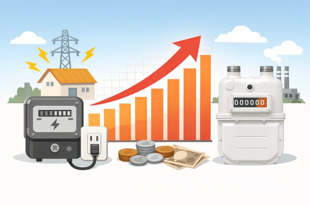 電気メーターと都市ガスメーターが並び、料金上昇を示すグラフと矢印が描かれた光熱費値上がりのイメージイラスト