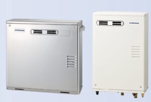 コロナの石油給湯器本体を横型と縦型で並べた製品外観の比較イメージ
