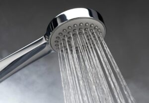 シャワーヘッドから細かい水流がまっすぐ出ている浴室設備の写真