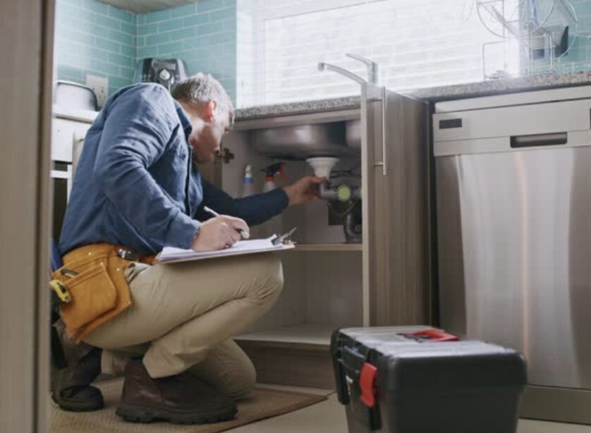 キッチンシンク下の排水設備を点検する修理業者