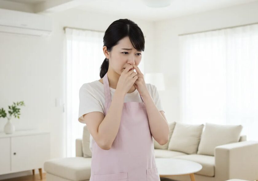 室内で臭いに気づき、鼻を押さえて困った表情をする女性