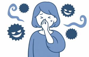 不快な臭いに鼻をつまむ女性と、周囲に漂う菌や臭いのイメージイラスト