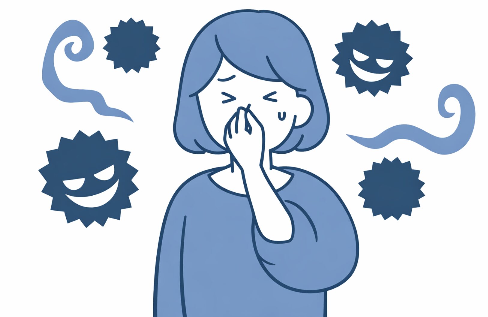 不快な臭いに鼻をつまむ女性と、周囲に漂う菌や臭いのイメージイラスト