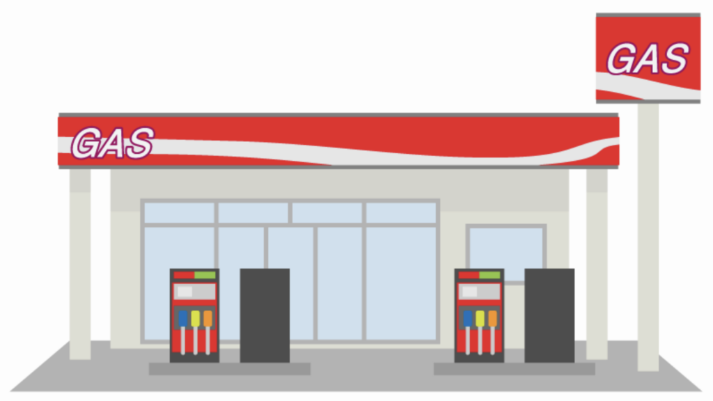 ガソリンスタンドの建物と給油機を描いたシンプルなイラスト
