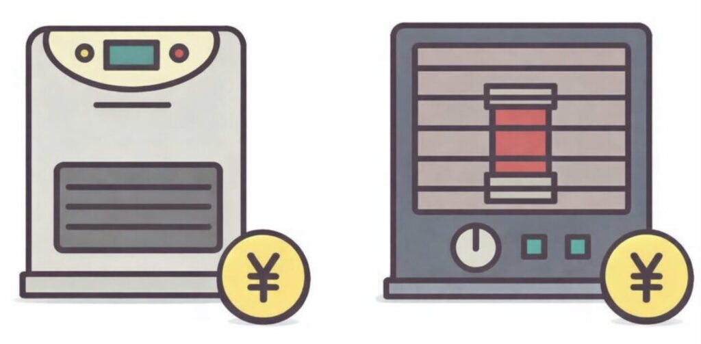 灯油ストーブと電気ヒーターのイラストと円マークで暖房費を表した比較イメージ