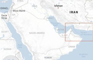 中東の地図でホルムズ海峡の位置が赤枠で示された地図