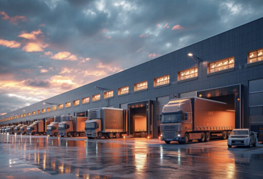 大型物流センターの搬入口にトラックが並ぶ様子。夕方の空の下で荷物の積み下ろしを行う配送拠点。