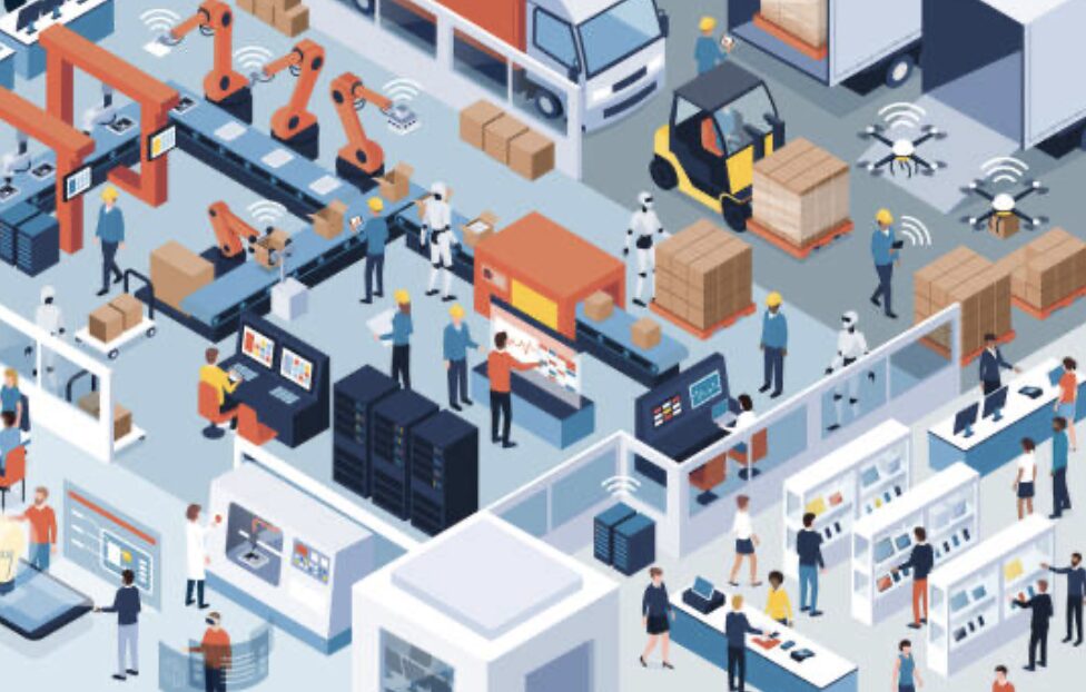 自動化された物流倉庫のイラスト。ロボットアームやフォークリフト、ドローンが荷物を搬送し、人とAIが協働するスマート物流の様子。