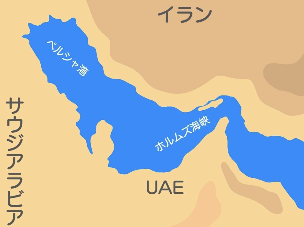 イランとUAE、サウジアラビアに挟まれたホルムズ海峡の位置を示した地図