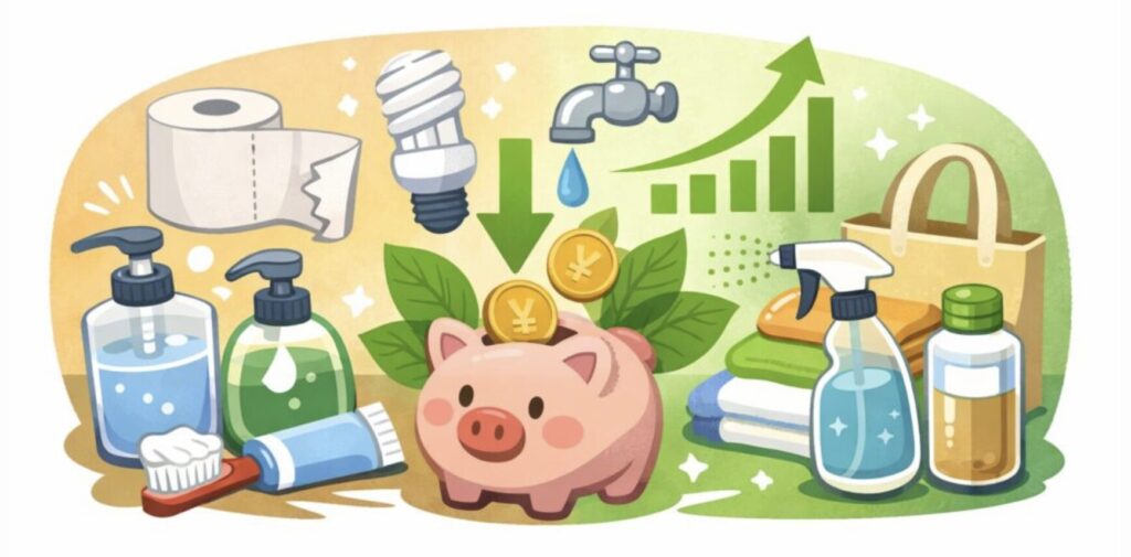 日用品（トイレットペーパーや洗剤など）を無駄なく使い、節約とエコ意識を表現したイラスト（貯金箱や節水・節電のアイコン付き）