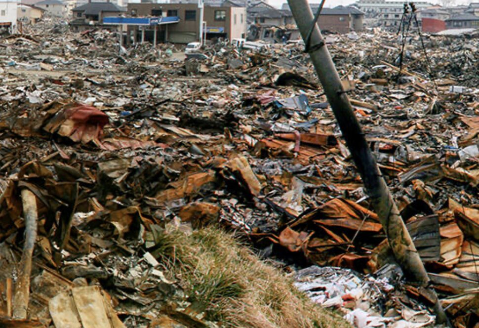 災害で建物が倒壊し、瓦礫が広がる被災地の様子