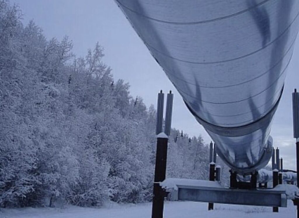 雪に覆われた森林地帯を通る高架式のパイプライン設備の近景