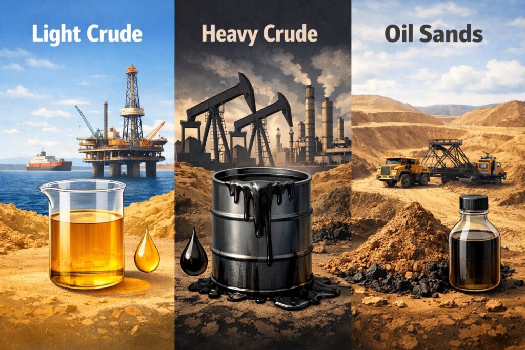明るい原油・重質原油・オイルサンドの3種類を、海上リグ・油井・採掘現場とともに左右に並べて比較したイメージイラスト