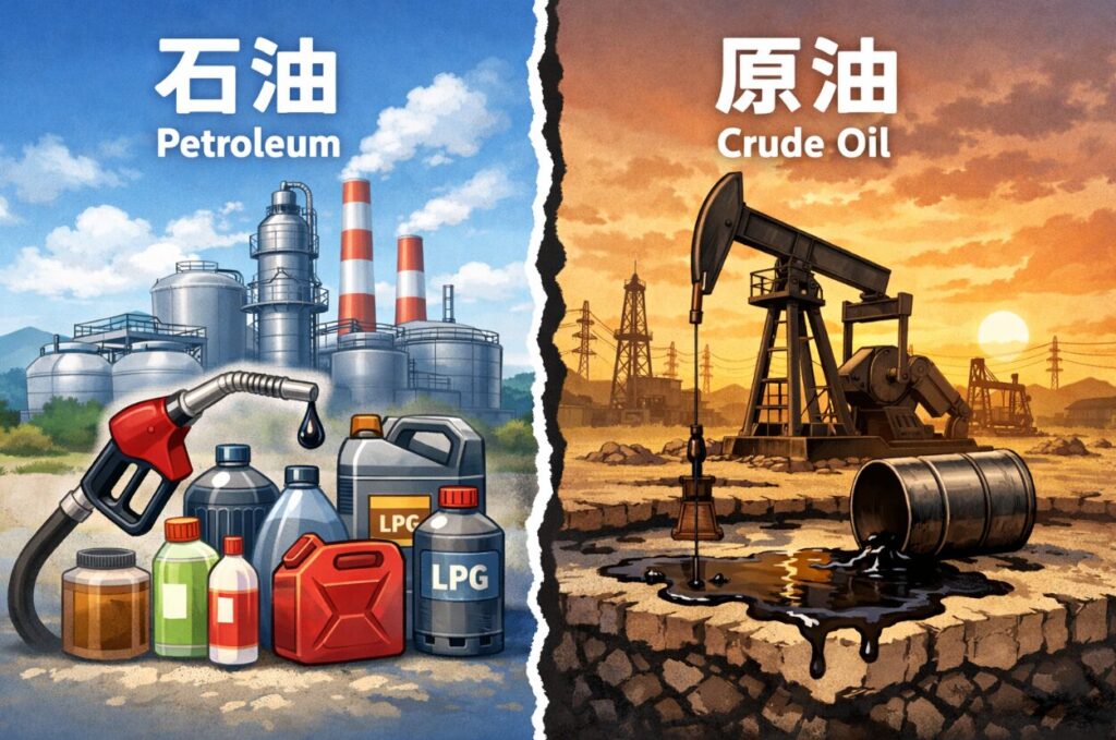 石油製品（ガソリンノズルや容器）と原油（油田のポンプと流出した黒い液体）を左右で対比したイラスト