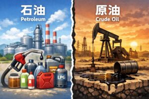 石油製品（ガソリンノズルや容器）と原油（油田のポンプと流出した黒い液体）を左右で対比したイラスト