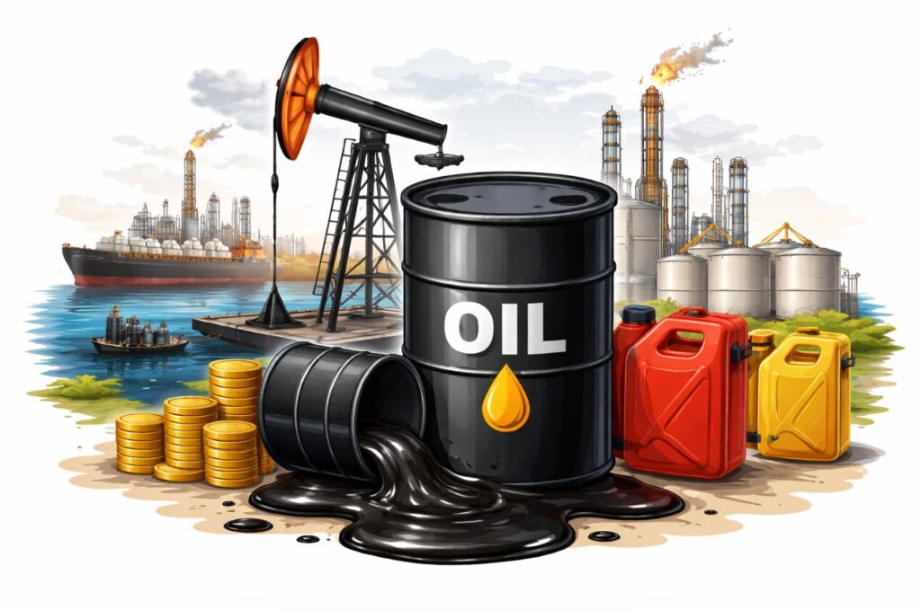 原油を汲み上げるポンプと黒いオイルドラム、製油所やタンカーが描かれたエネルギー産業のイメージイラスト