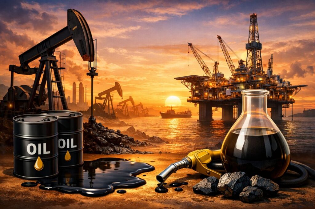 石油と原油の違いを視覚的に表現したイラスト。原油の採掘設備や海上プラットフォームと、精製された石油製品(ドラム缶や燃料ノズル)が対比されている構図