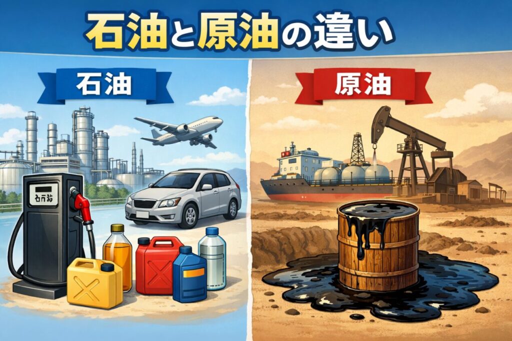 石油と原油の違いを左右で比較したイラスト。左側はガソリンスタンドや車、精製された燃料を示す石油、右側は油田のポンプや原油タンク、黒い液体を表現した原油の様子。