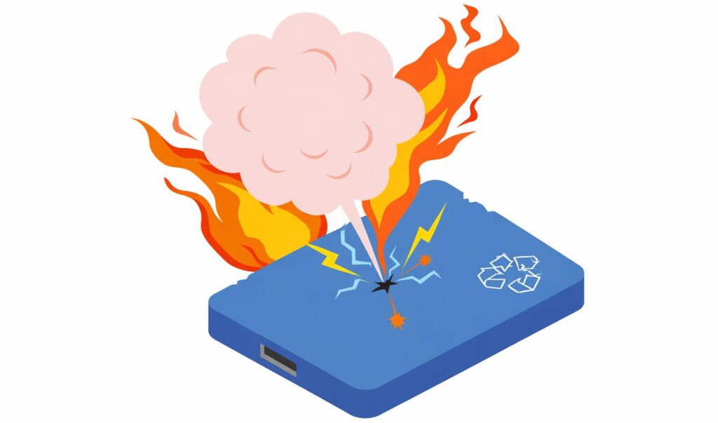 発煙と炎を伴い破損したリチウムイオンバッテリーの発火イメージイラスト