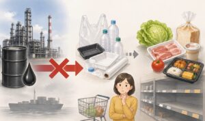 ナフサ不足によってプラスチック包装材が減少し、食品の供給や陳列に影響が出ている様子を描いたイラスト