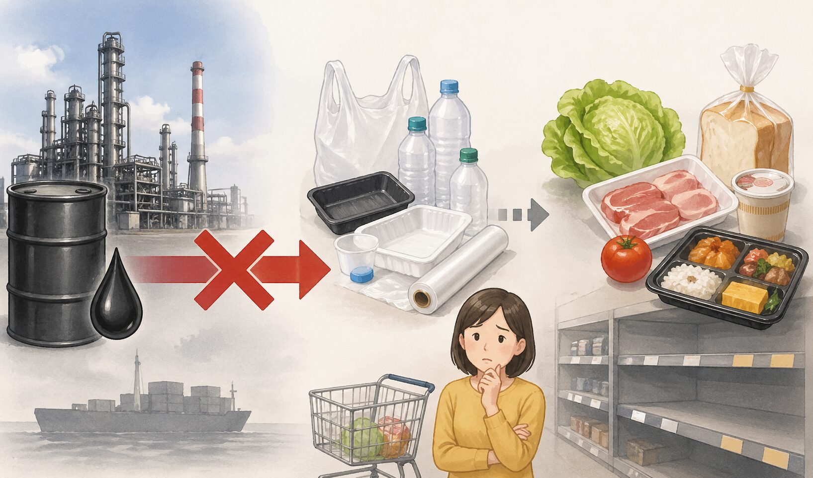ナフサ不足によってプラスチック包装材が減少し、食品の供給や陳列に影響が出ている様子を描いたイラスト