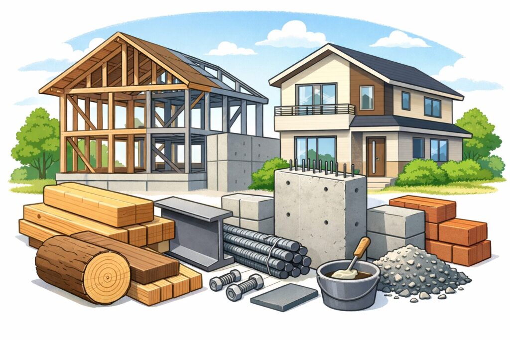 住宅の建築途中の木造フレームと完成した家、手前に木材・鉄骨・コンクリートブロックなどの建材が並ぶイラスト