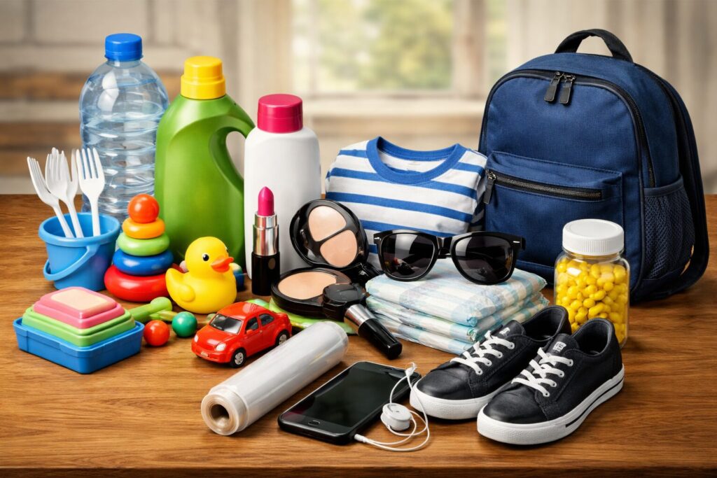 石油由来の素材で作られた日用品（ペットボトル、洗剤ボトル、化粧品、プラスチック製品、衣類、スマートフォン、スニーカーなど）が並んだ生活イメージ