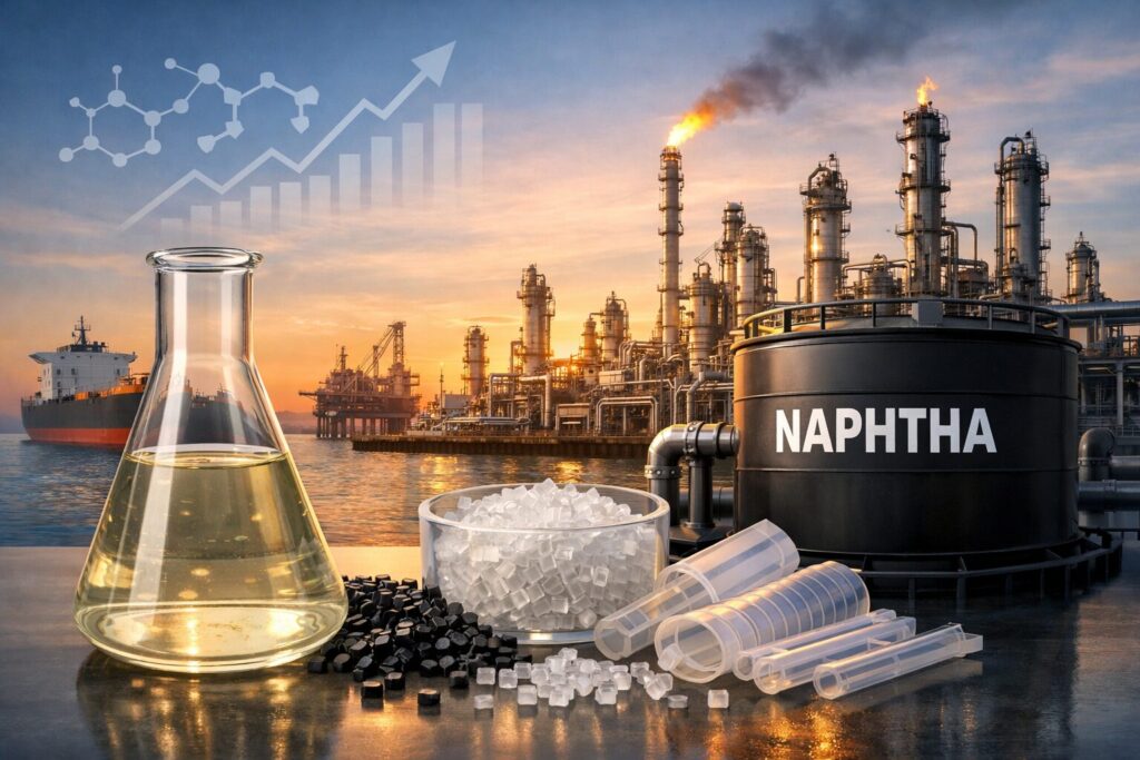透明なフラスコに入った淡黄色の液体とプラスチック原料のペレット、背景に石油精製プラントやタンカーが広がるナフサの利用イメージ