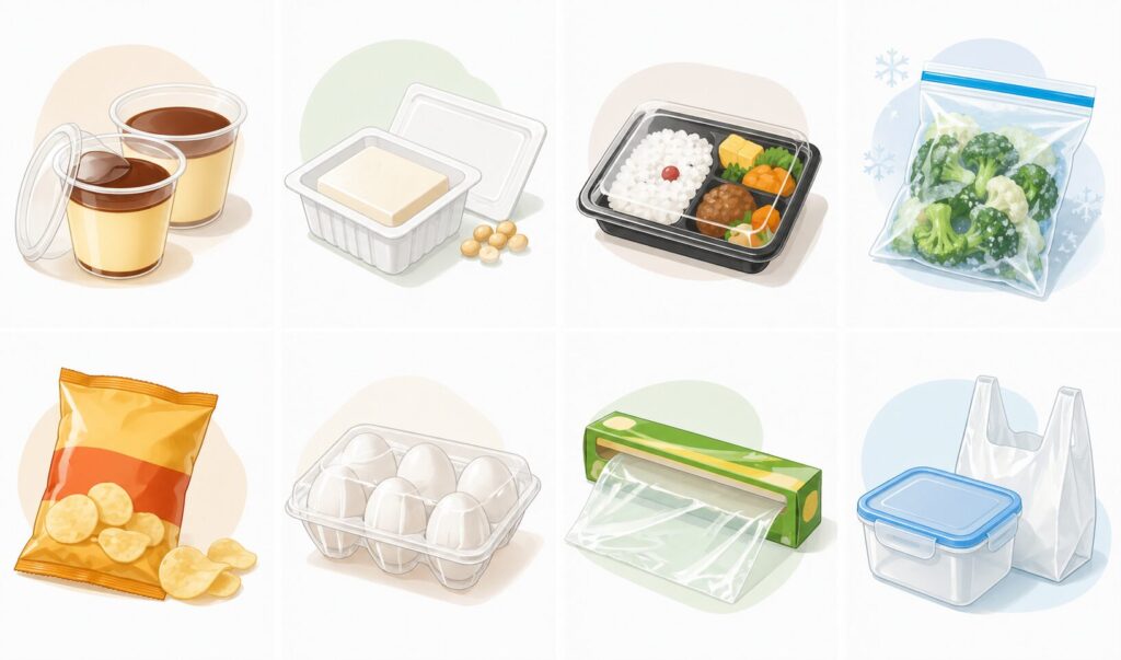 プリン容器、豆腐パック、弁当トレー、冷凍食品袋、スナック菓子袋、卵パック、食品用ラップ、保存容器とレジ袋が並んだシンプルなパッケージイラスト