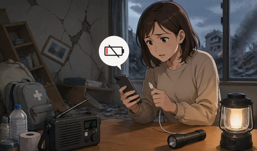 停電した室内で、低電力表示のスマートフォンを見ながら充電できず困っている女性と、防災用品が置かれた被災後の様子