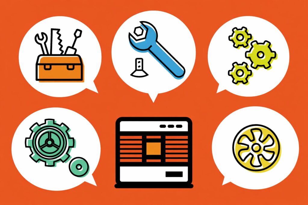 工具箱・レンチ・歯車・機械部品・機器画面のアイコンが吹き出しで配置されたメンテナンスイメージのイラスト