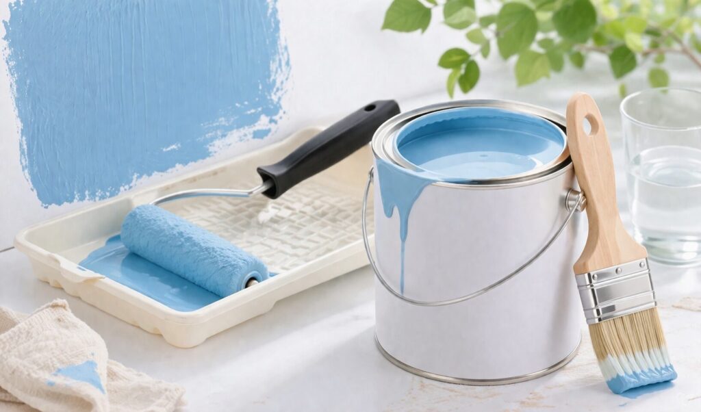 屋外の木製テーブル上に並べられた水性塗料の缶、ローラー、刷毛、カラーボトルなどの塗装道具と、自然光に照らされたグリーンの背景があるイラスト