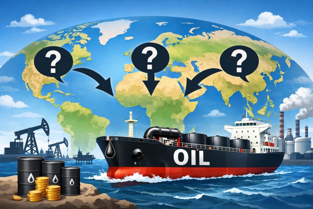 世界地図を背景に、輸入元が特定されていない原油の流れを「？」マークと矢印で表現し、タンカーや油田設備が描かれたイメージイラスト
